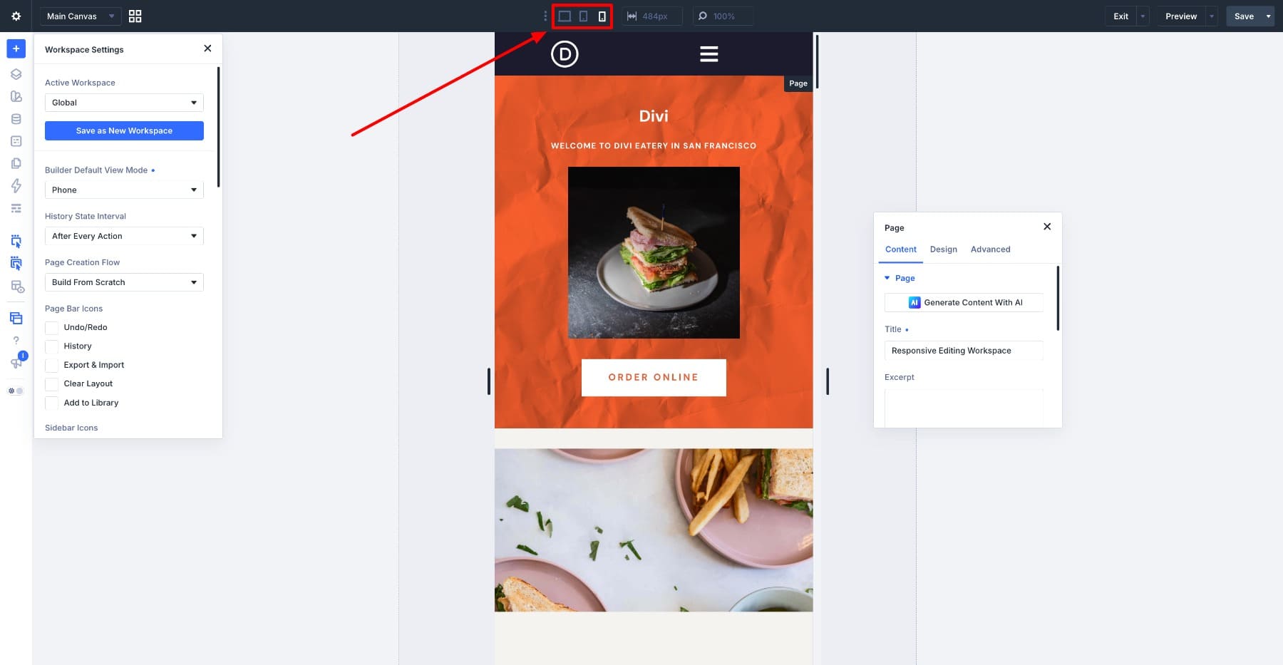 Divi 5 顶栏中的断点切换器