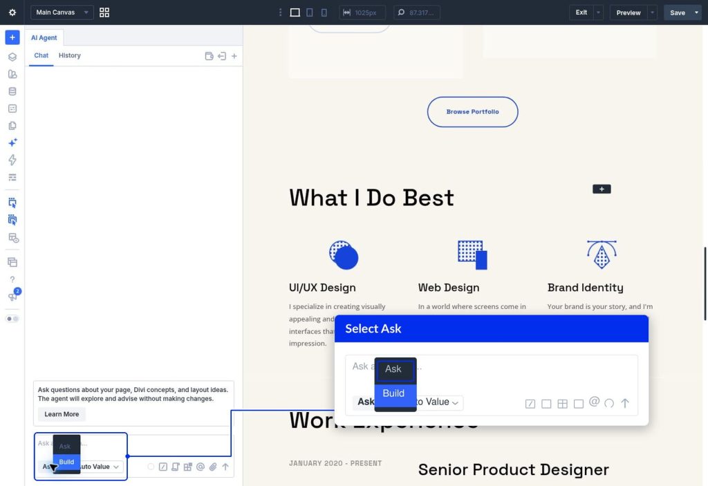 Choosing Ask in the interaction mode selector of the Divi AI Agents panel